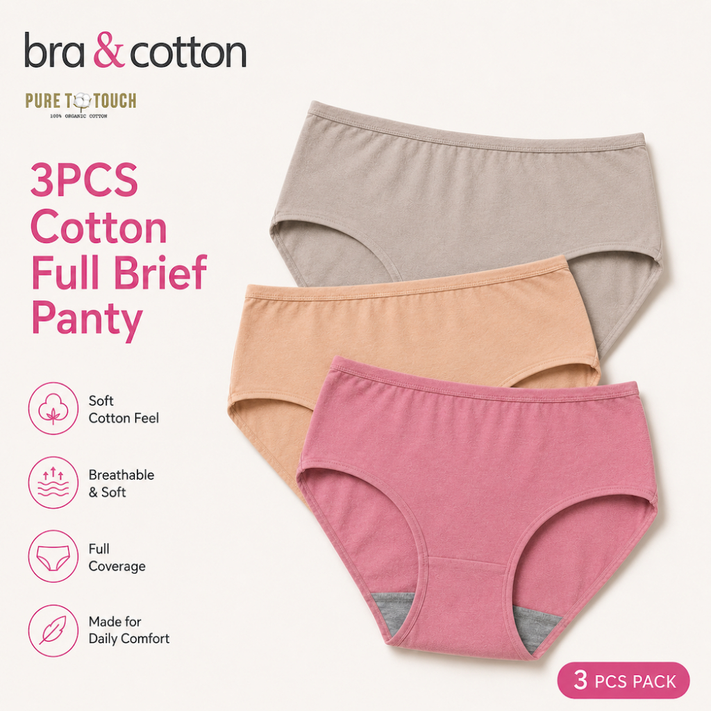 B&C PureTouch 3pcs Set Women Maxi Cotton Panty Full Brief High Waist Underwear Bamboo Cotton Crotch Lining M-4XL (8119S)