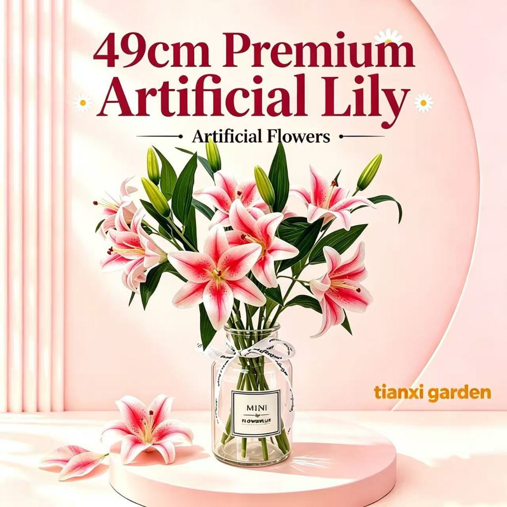 49cm Premium Handmade Artificial Lily Bunga Tiruan Wedding Home Decor Hiasan Rumah Gift Floral 百合花 仿真花