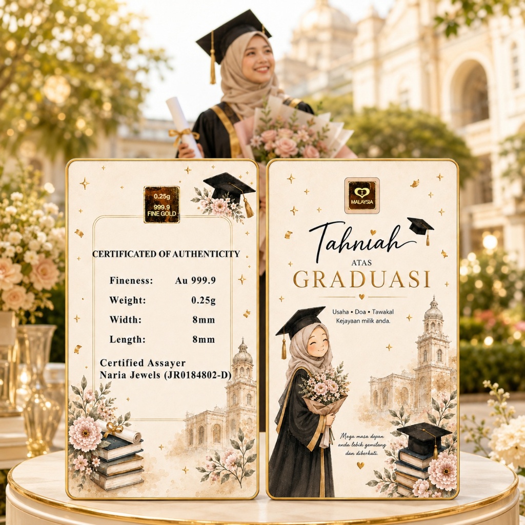 Naria 999.9/24K Gold Bar 0.25gm Happy Graduation Design Edisi Graduasi Emas Tulen Hadiah Konvokesyen Gold Investment