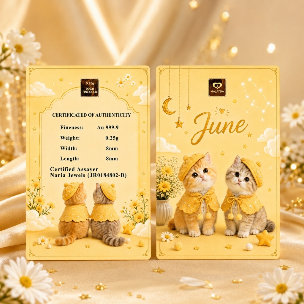 Naria 999.9/24K Gold Bar 0.25gm Cute Cat June Design Emas Tulen Gold&hellip;