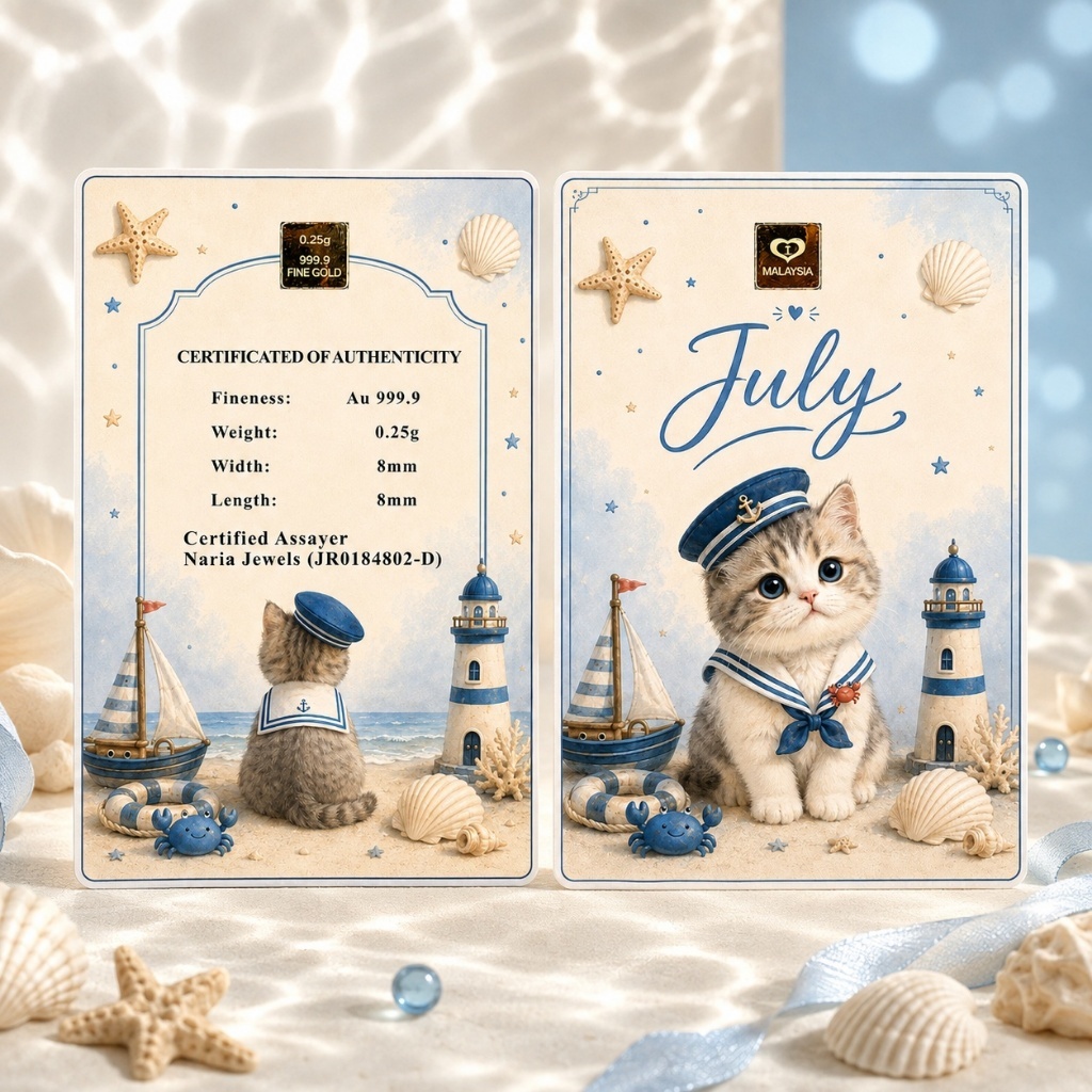 Naria 999.9/24K Gold Bar 0.25gm Cute Cat July Design Emas Tulen Gold&hellip;