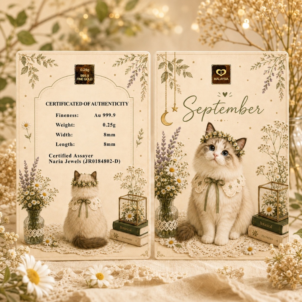 Naria 999.9/24K Gold Bar 0.25gm Cute Cat September Design Emas Tulen Gold&hellip;
