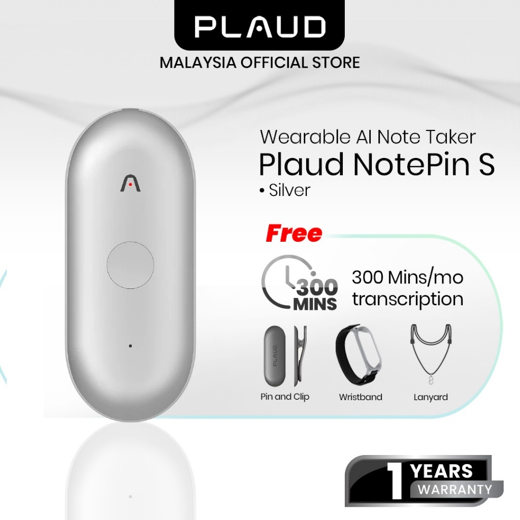 Plaud NotePin S AI Voice Recorder | Wearable AI Notetaker | AI Transcribe & Summarize | Tactile Record Button - Silver
