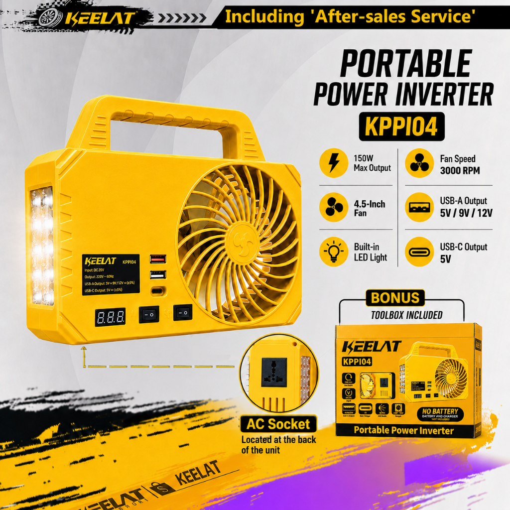 KEELAT 150W Power Inverter 20V DC to 220V AC Modified Sine Wave with 4.5" Fan LED USB-C Portable