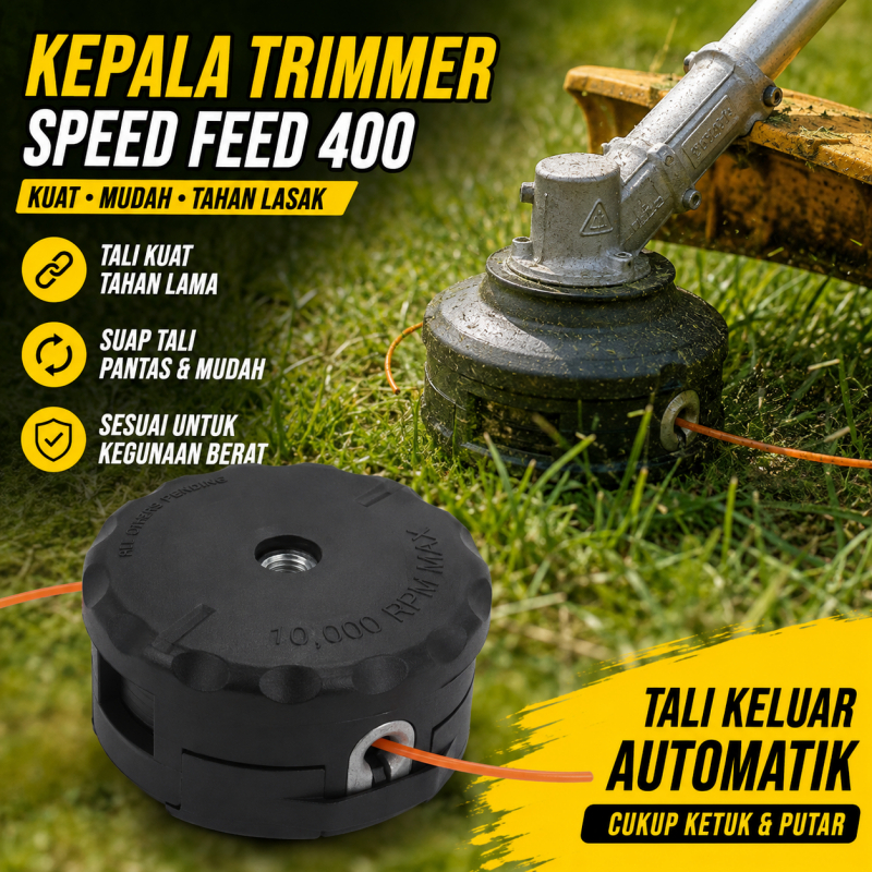 Kepala Trimmer Speed Feed 400 M10x1.25 LH, Tali Mudah Diisi, Tahan Lasak untuk Mesin Rumput & Potong Tepi