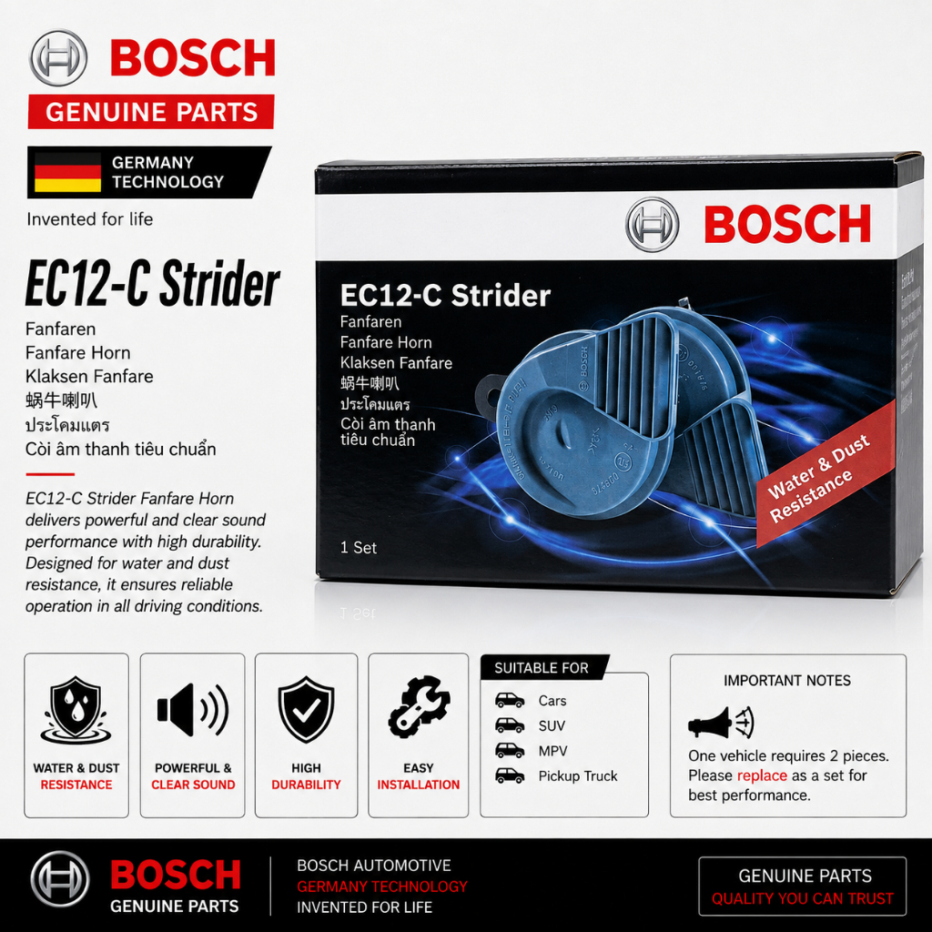 Bosch EC12-C Strider Fanfare Horn 12V 1 Set 2pcs | Hon Kereta Bosch Genuine Parts Bunyi Kuat Jelas IP56