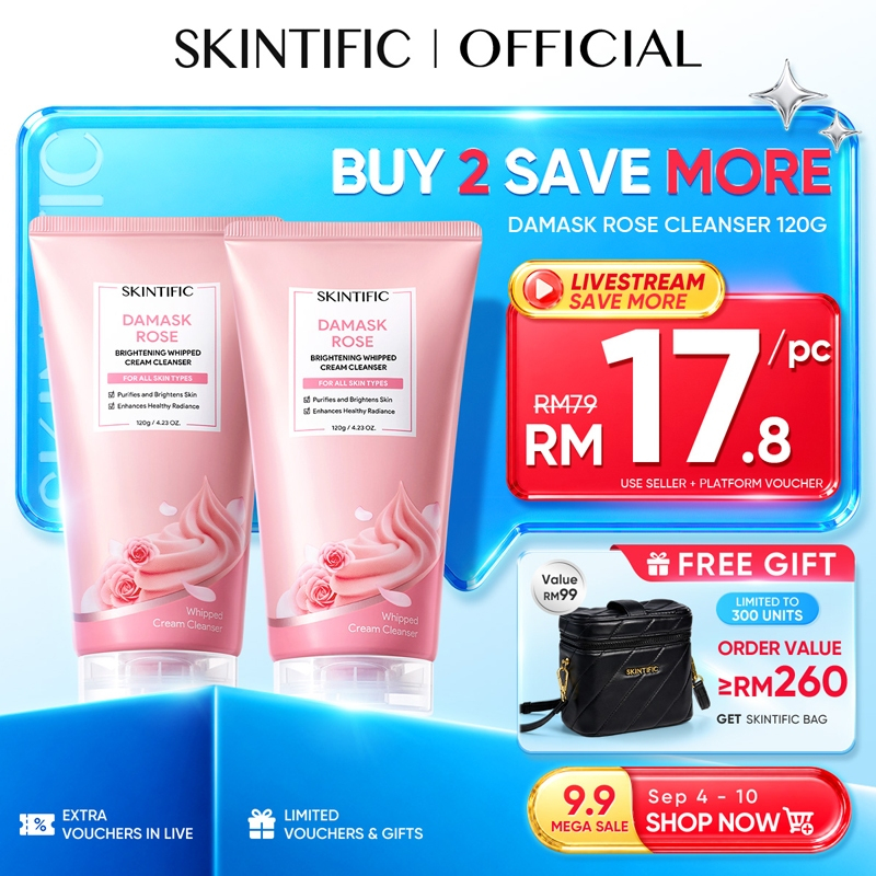 SKINTIFIC Damask Rose Whipped Cleanser – Triple Glow Brightening in One Wash | Gentle Niacinamide 120g Instant Glow