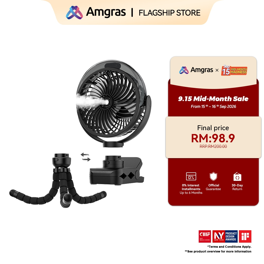 Amgras Stroller Baby Portable Mini Fan Rechargeable 9 Leds/Ultra Quiet/Flexible Tripod/55 Hours (6000mAh)