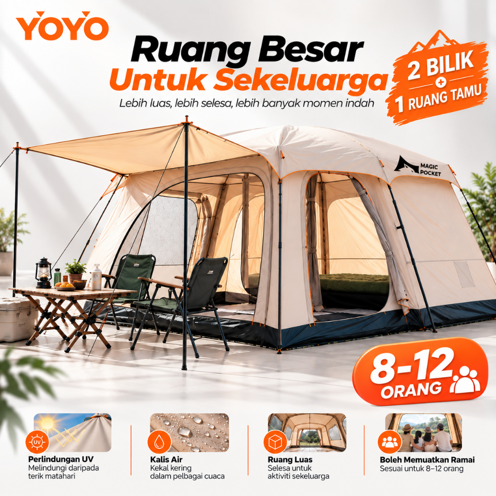 Khemah Camping Waterproof Khemah Unta Camel Tent with expansion canopy Family Tent Large Outdoor 6-14 person