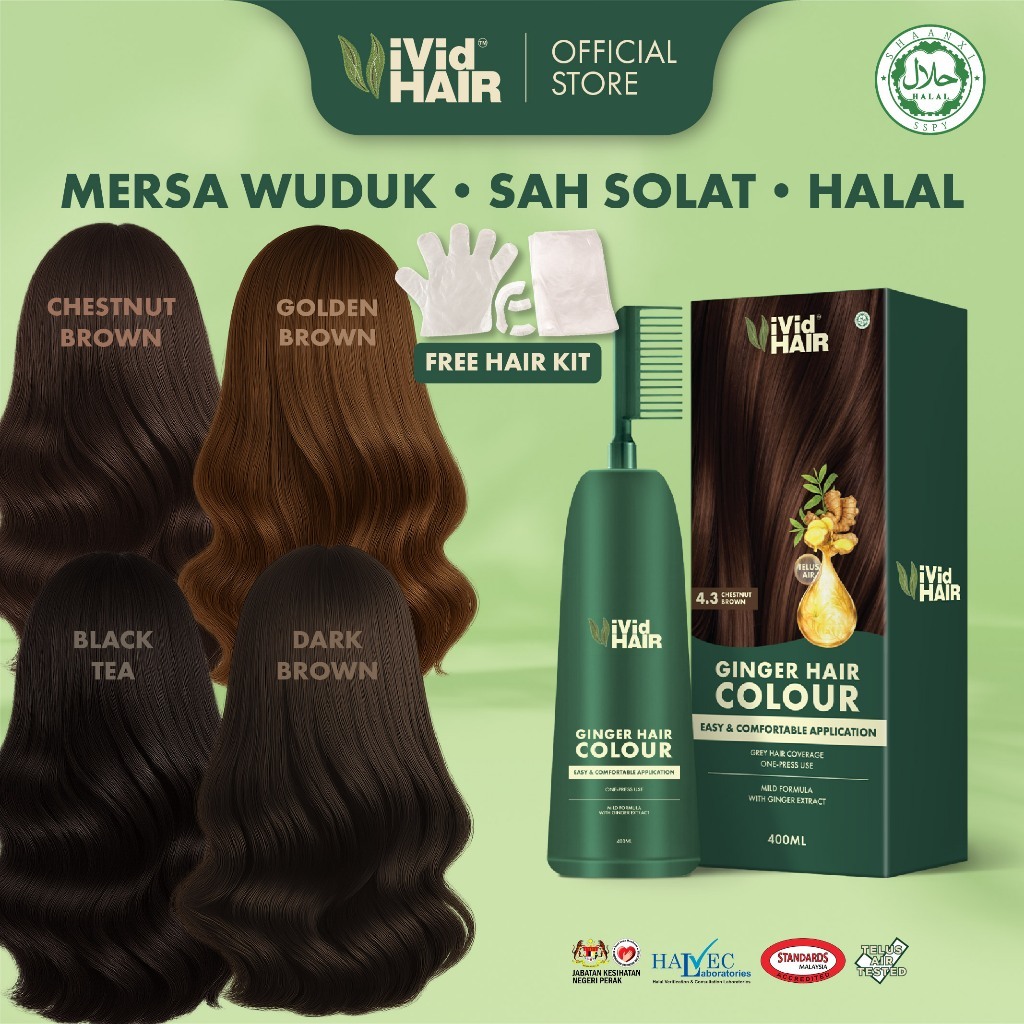 ViVid HAIR Halal Hair Colour Ginger Dye 400ml Telus Air Tutup Uban Tanpa Bleach Perwarna Rambut Mesra Wuduk Sah Solat