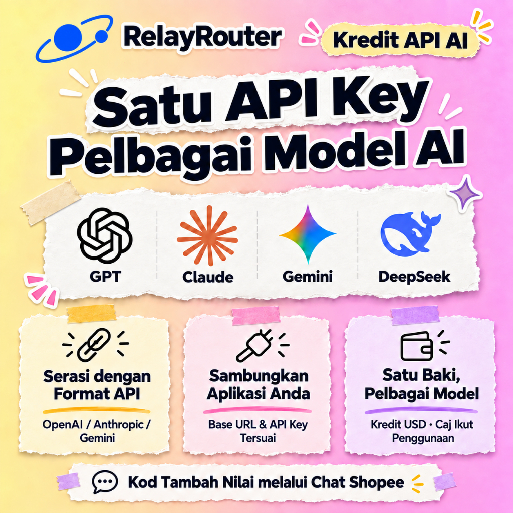 AI API Key Multi-Model | GPT Claude Gemini DeepSeek | Serasi OpenAI/Anthropic/Gemini | Kredit USD RelayRouter