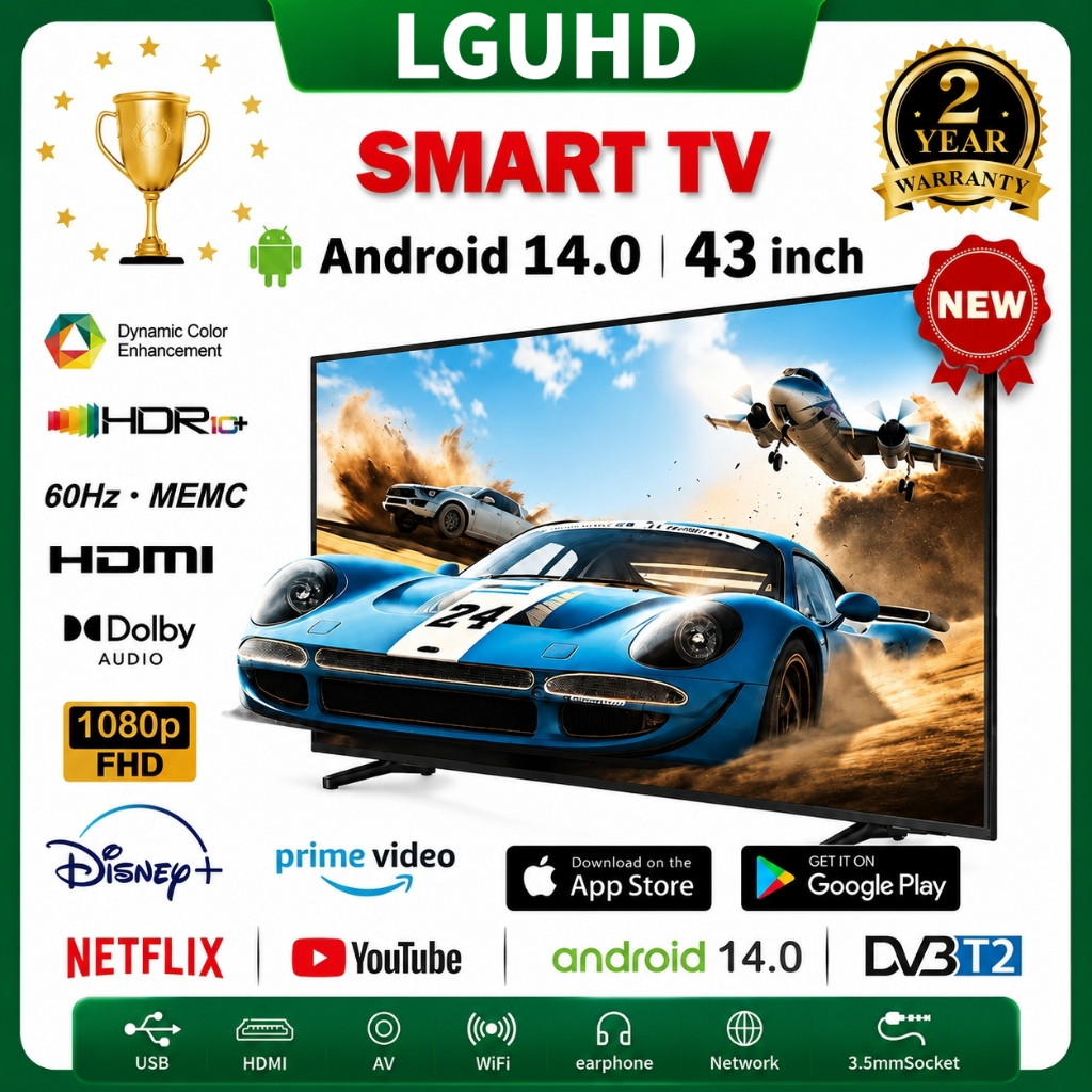 LGUHD TV Pintar Smart TV Murah 43inci Bezel-less Android 14.0 FHD WIFI YouTube HDMI Netflix MYTV