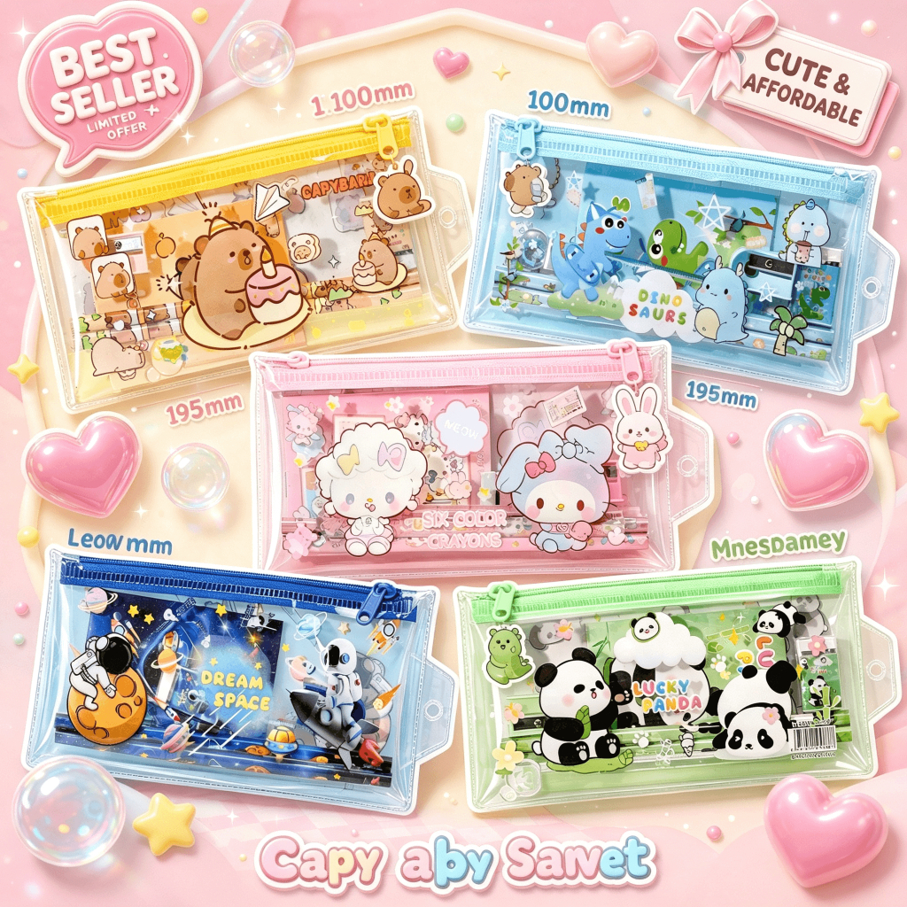 Kawaii 6pcs Kids Stationery Set Alat Tulis Sekolah Kanak-Kanak Transparent Pencil Case Hadiah Back To School Gift