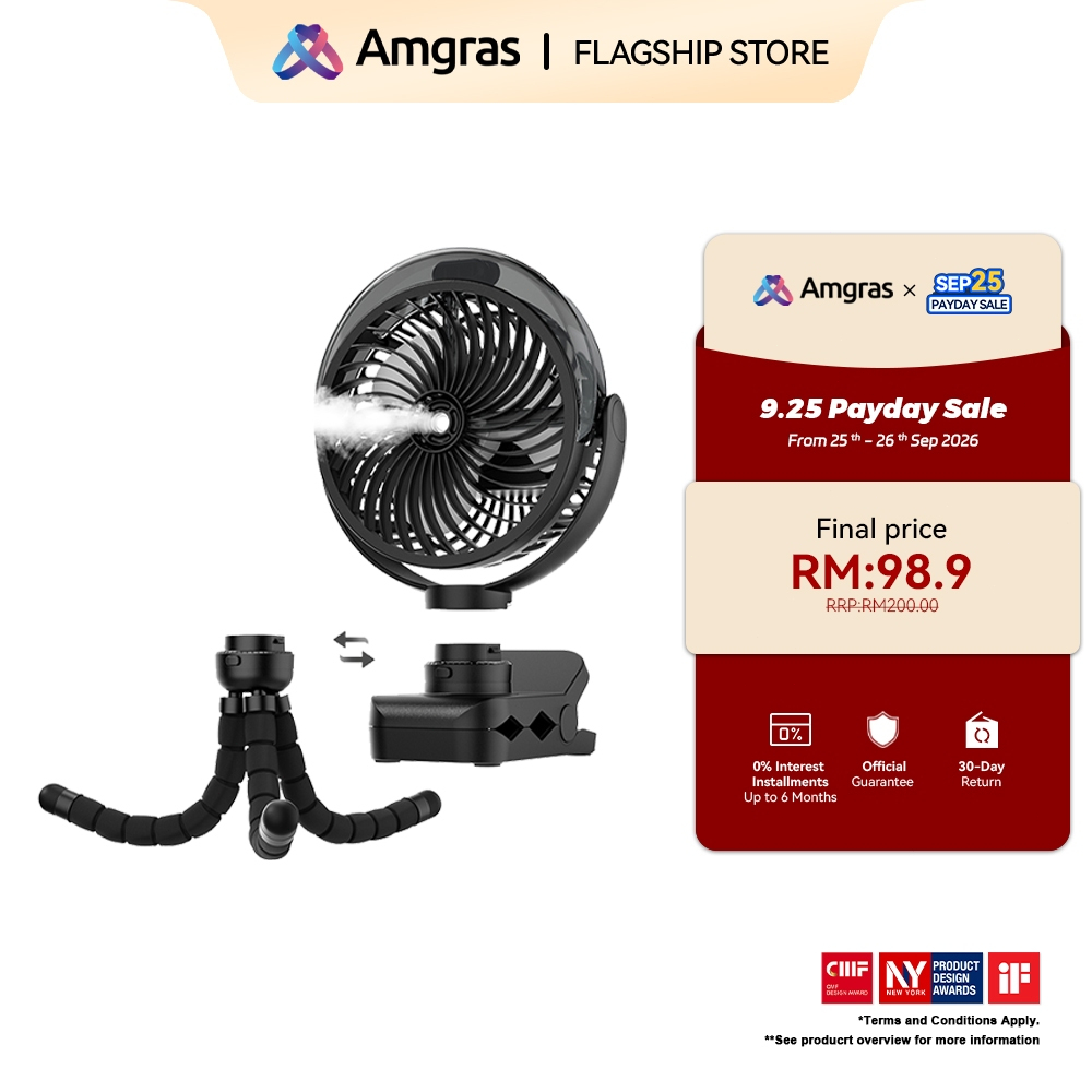 Amgras Stroller Baby Portable Mini Fan Rechargeable 9 Leds/Ultra Quiet/Flexible Tripod/55 Hours (6000mAh)
