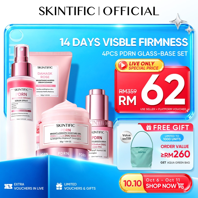 [LIVE EXTRA 25%]SKINTIFIC 4PCS Sunblock PDRN Skincare Glowing Set SPF50+ PA++++丨Cleanser,Serum,Moisturizer,Sunscreen