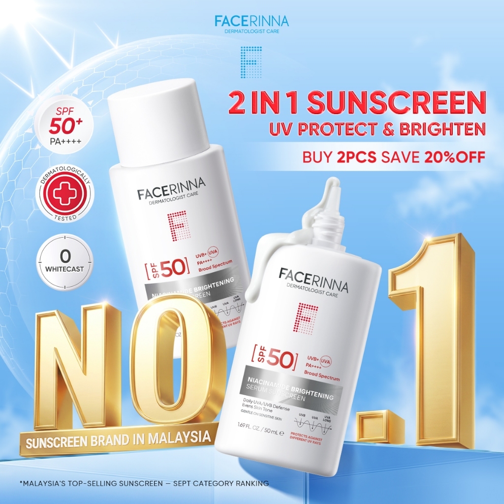 [TOP SELLER] FACERINNA Serum Sunscreen SPF50+ PA++++ Niacinamide Brightening UVA/UVB Defense, No White Cast Oil Control