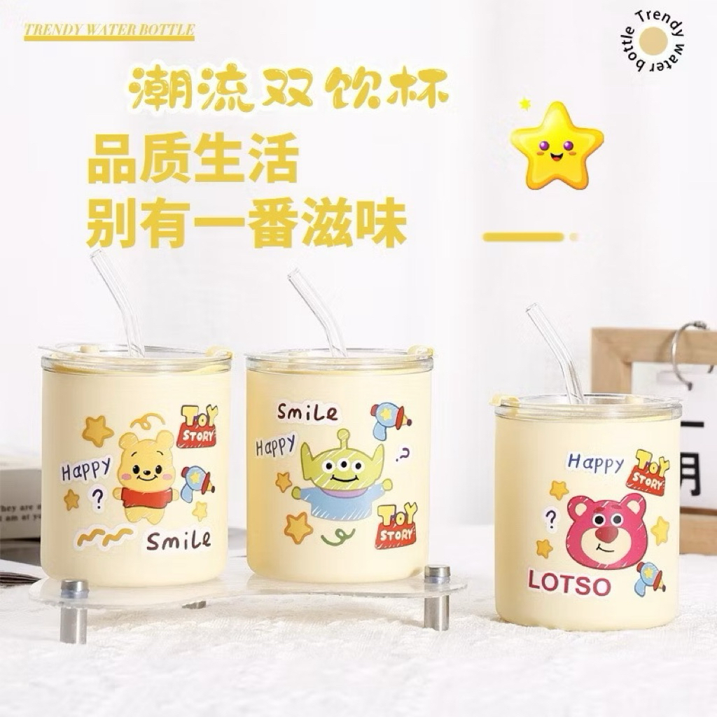 Ready Stock✅ Mug［400ML］Cawan Toy Story Cute Cartoon Glass Cup Ins Style Mug With Lid Straw Coffee Cup Girls Couple Glass