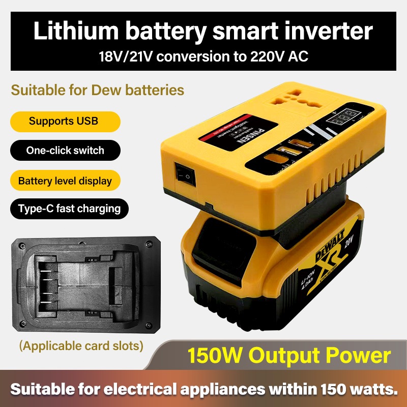 PINSEN 150W Upgraded version inverter with 2USB /1Type-C Port DC 18V/21V To DC 220V for DeWalt 20V Battery