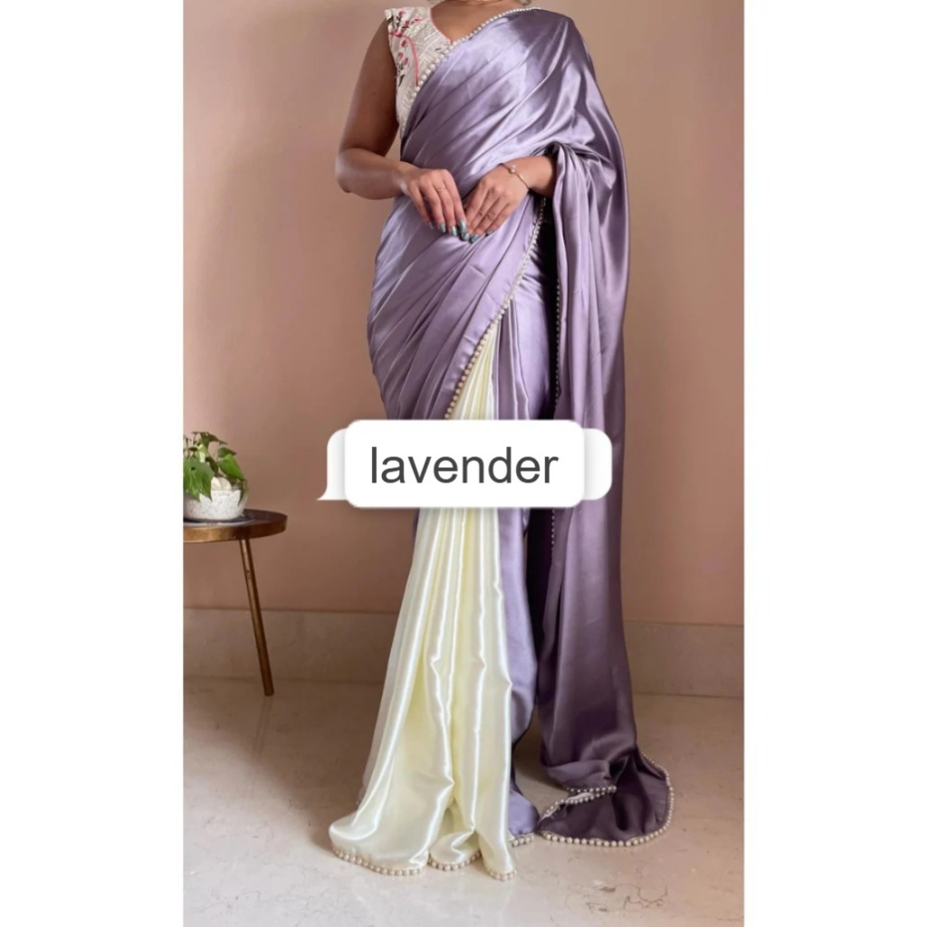 (Stok Sedia) Pakaian Tradisional Heavy Silk Satin 2 warna sari bercantum dengan sempadan renda moti Untuk Wanita