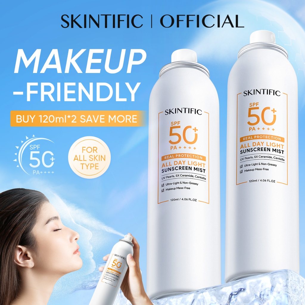 SKINTIFIC All Day Light Sunscreen Mist SPF50+ PA++++ Double Antioxidant Sunscreen Spray Physical UV Protection Centella