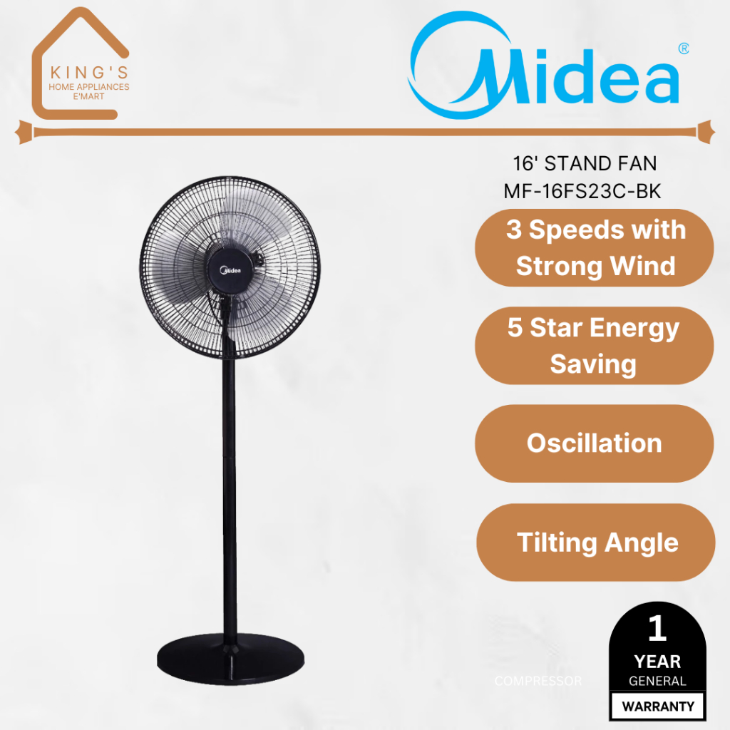 Midea 16' Stand Fan MF-16FS23C-BK / 5 Star Rating / Adjustable Height / 4 in 1 Multi Function Table Fan or Floor Fan