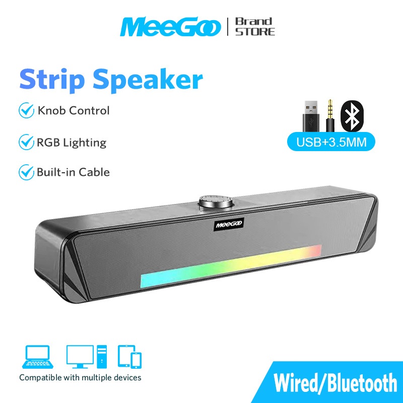 MeeGoo Bluetooth Speaker RGB Wireless Soundbar BASS Stereo Speaker Subwoofer for Desk Computer PC Home Theater 条形蓝牙音箱