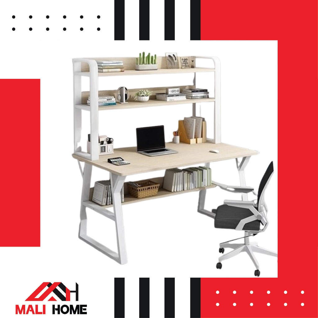 MALI HOME【JYJU】Meja Study Computer Desk with Bookshelf Home Office Table with Practical Storage Space
