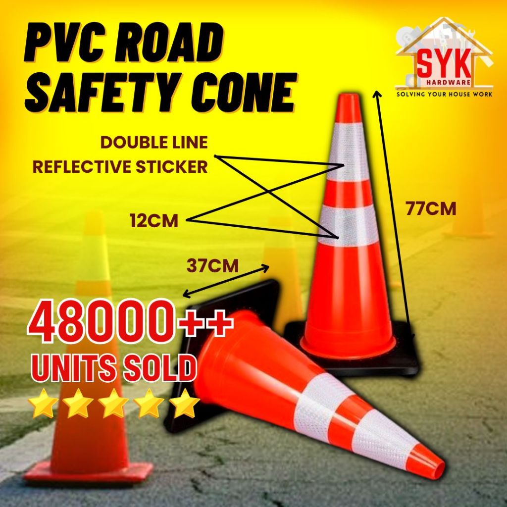 SYK Safety Cone Traffic PVC Cone Double Reflective Sticker 770mm Road Cone Heavy Duty Kon Keselamatan Jalan Raya