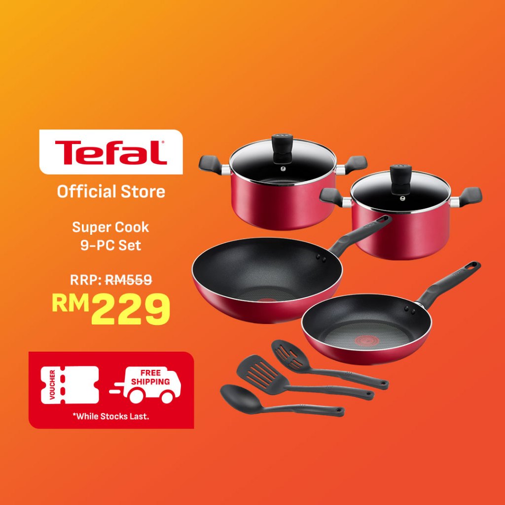 [Shopee Exclusive] Tefal Supercook 9pcs set (Frypan 24cm, Wokpan 28cm, Stewpot 22cm & 24cm, 3 Spatulas)