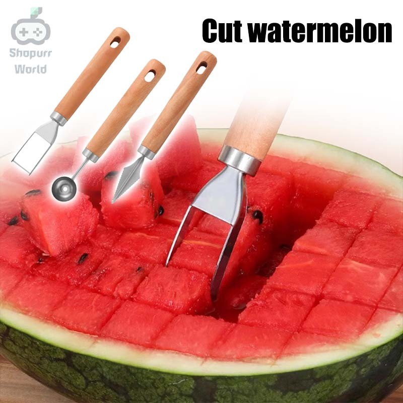 Watermelon Cutter 3-in-1 Stainless Steel Multifunctional Fruit Slicer Melon Baller Carving Tool Kitchen Gadget Set