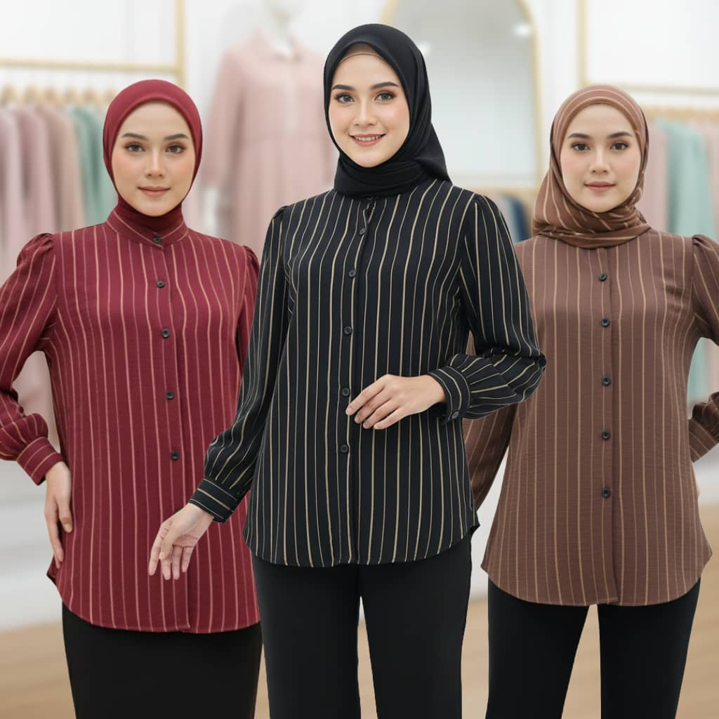 New Blouse Stripe Kain Cey Ironless Murah Dan Cantik Harga Full Sleeve Baju