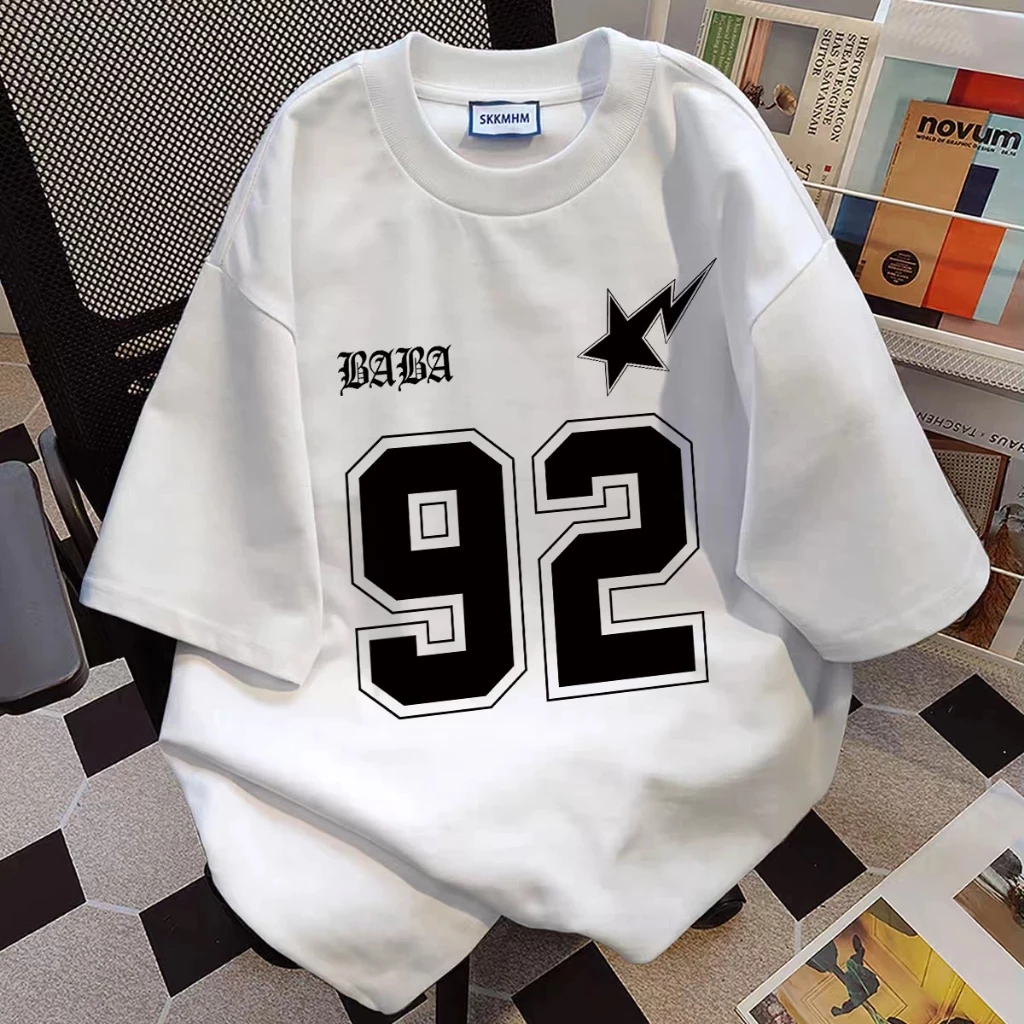 [✅COD]  T-Shirt Unisex Katun Musim Panas: Corak Angka 92 + Elemen Keras - Bahan Katun Berkualitas Bernapas・Oversize