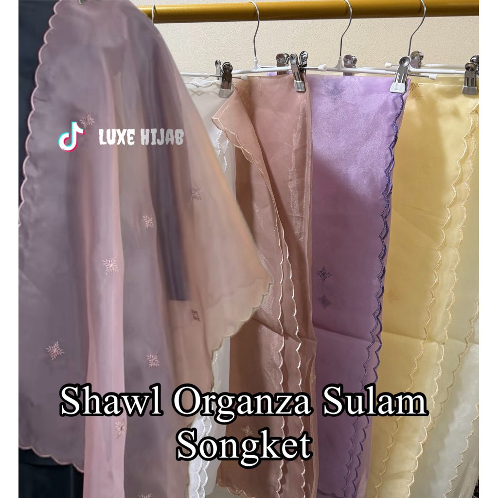 Shawl Organza Sulam Bunga Songket Malay Organza /Embroidery Organza Veil Pashmina