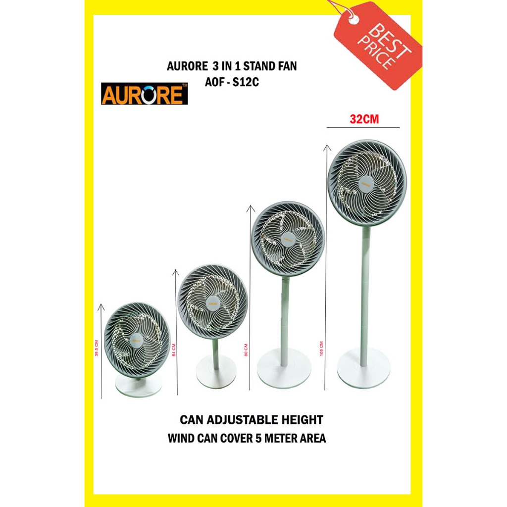 AURORE 3 IN 1 Circulation 12'' Stand Fan/Table Fan / Living Fan / Desk Fan
