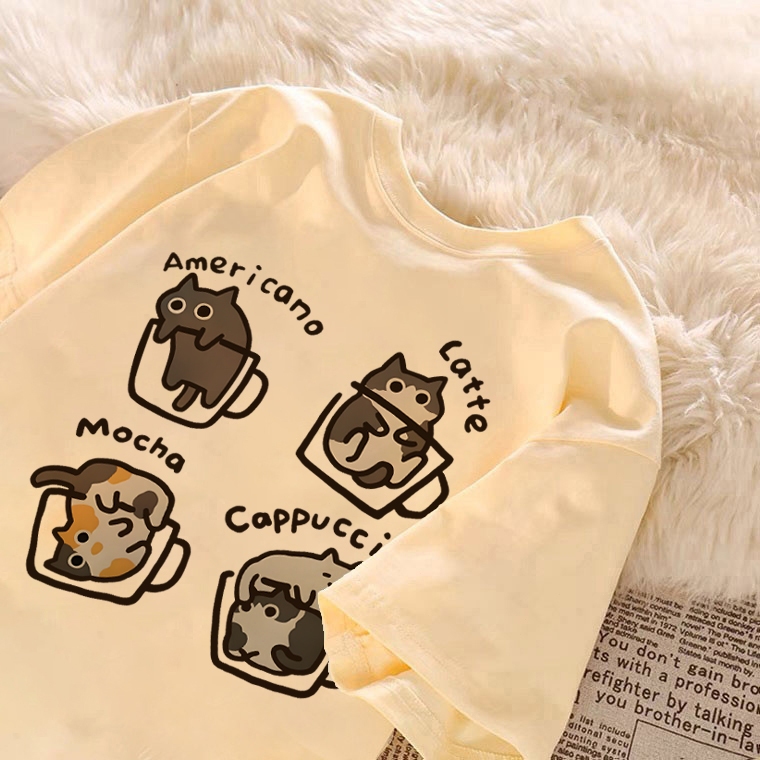 kumikumi Coffee and cats Korean Cute Coffee and cats Print oversized casual T-shirt for women