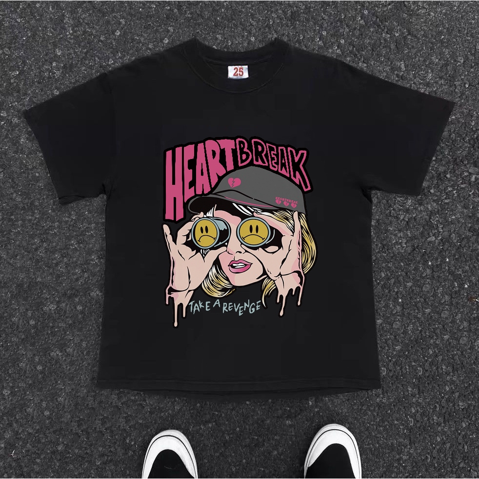 METARICOTTA Women's Oversize Korean Style Baggy T-Shirt with Heartbreak Cartoon Graphic Print