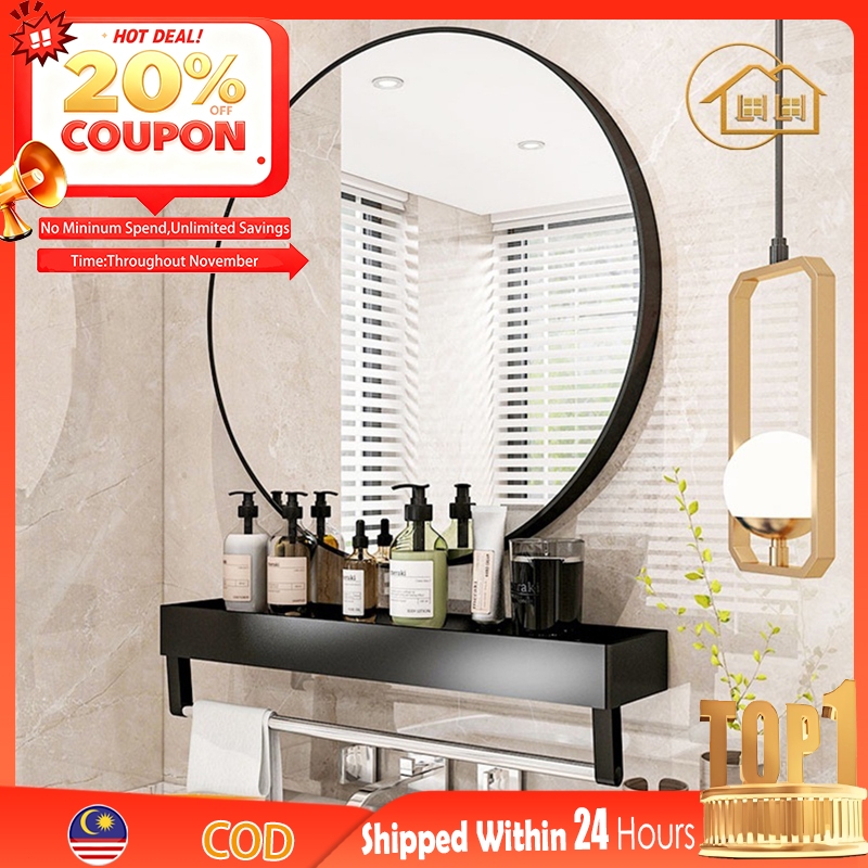 LI|Bathroom Mirror Explosion-proof Punch-free With Shelf Aluminum Alloy Frame Round Makeup Bedroom/Toilet Cermin 镜子