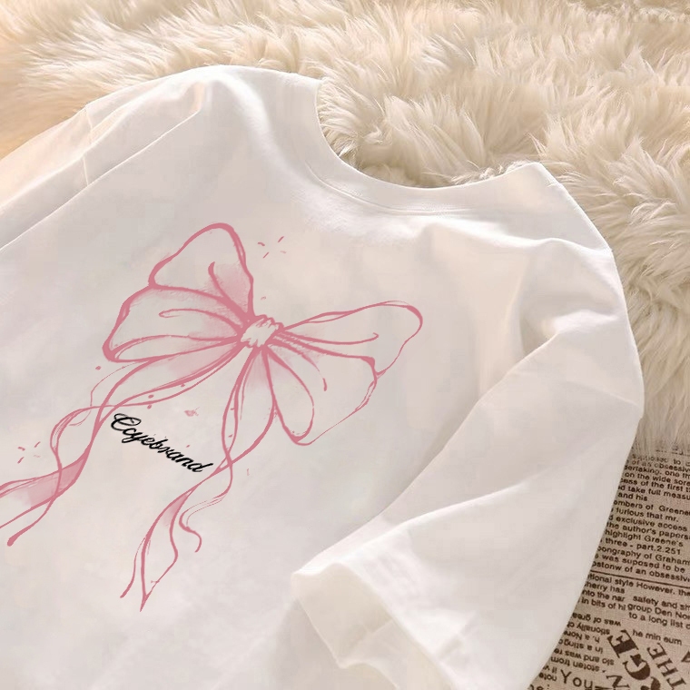 kumikumi Korean classic aesthetic shirt round neck T-shirt for women oversized Pink bow print