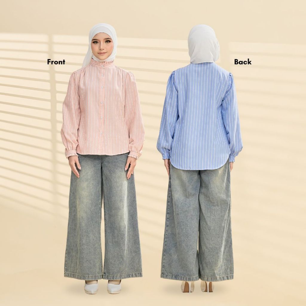 ENVIE Cassie Stripe Full Button Ruffle Collar Blouse