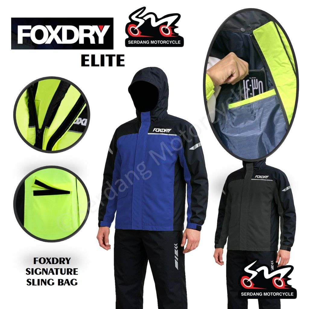 FOXDRY ELITE Premium Raincoat Baju Hujan Windbreaker Rainsuit Motorcycle Waterproof Jacket Kalis Air