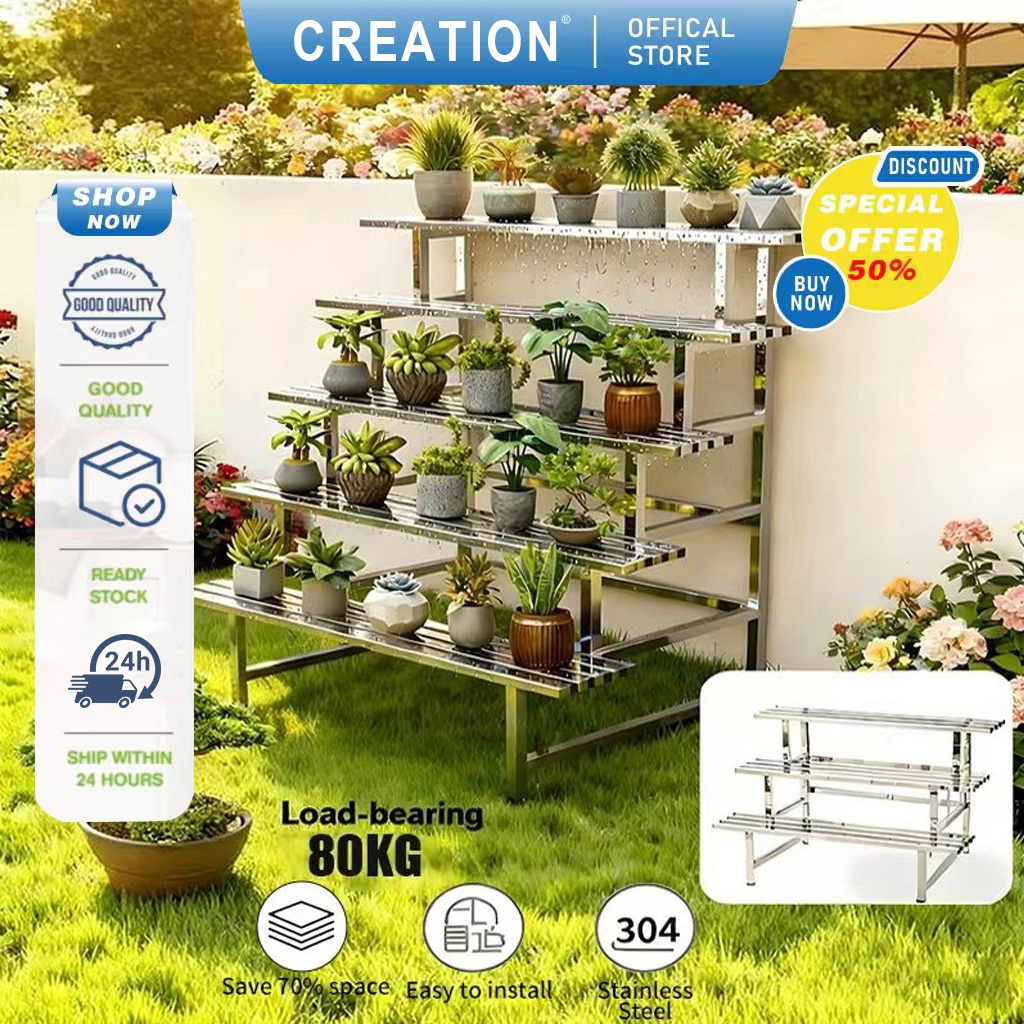 【CREATION】2/3/4 Tier Stainless Steel Flower Pot Stand Ladder Rack Garden Rack Ladder Rack Rak Bunga Bertingkat Rak Pasu