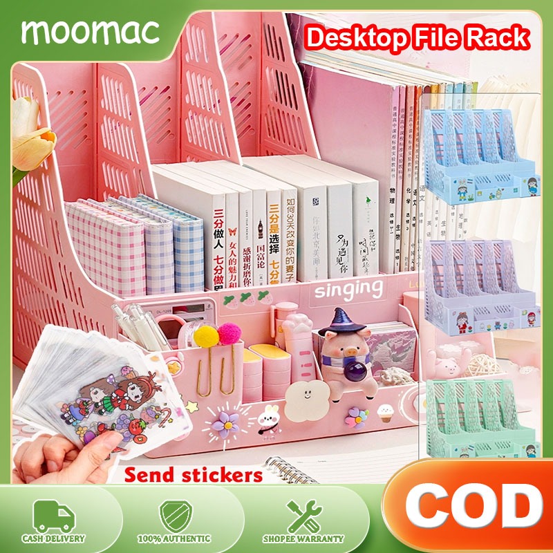 (COD) 4 Slot Desktop Bookshelf File Rack - Multi-functional Organizer with Pen Holder & Storage Box for Office/Home