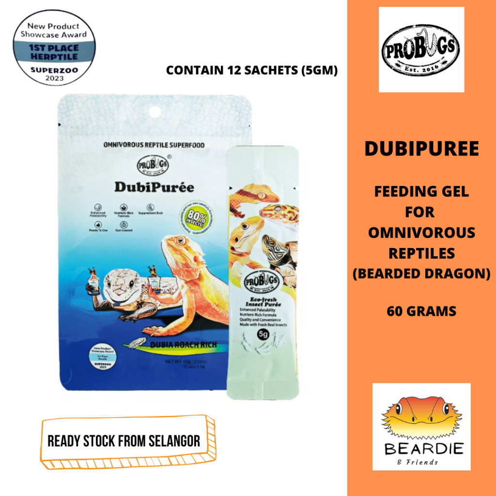 PROBUGS DUBIPUREE 60G (12 SACHET OF 5GM PER PACK) GEL FOOD FOR OMNIVOROUS REPTILES BEARDED DRAGON BLUE TONGUE SKINK