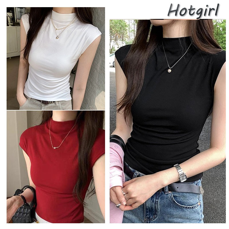 【READY STOCK AT Johor】Hotgirl⭐Korean style gentle short-sleeved T-shirt for women with half turtleneck tight top red top
