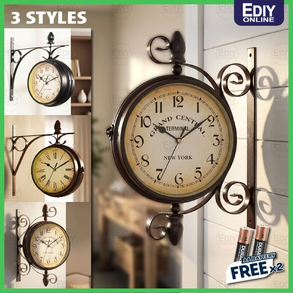 【 European Style Double-sided 】 Antique Wall Clock Iron Hanging Retro Bracket Garden Station Cafe Jam Dinding Besi Rumah