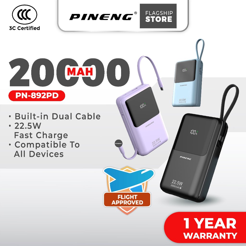 [3C Certified] Pineng PN-892PD 20000mAh 22.5W Fast Charge Powerbank w/ Built-in Cable PN892/PN891 Pineng Powerbank