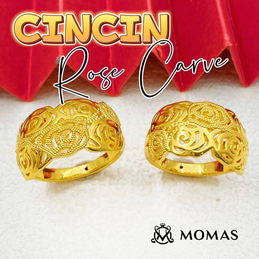 MOMAS CINCIN ROSE CARVE 5D Emas 916 Original Cincin Emas 916 Bajet Cincin Fesyen Emas 916 Tulen Cincin Fesyen Emas 916