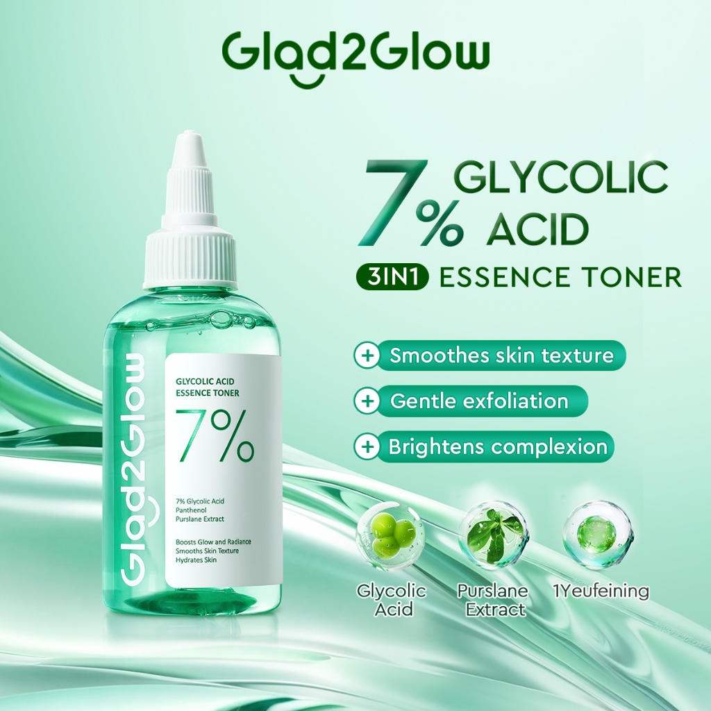 Glad2Glow 7% Glycolic Acid Toner 3-in-1 Smooths Texture, Clears Pores, Brightens Dull Skin Deeply Hydrate