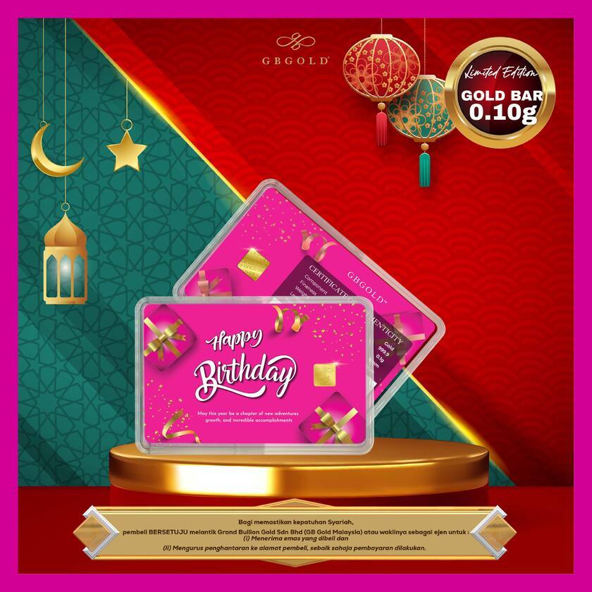GB GOLD Happy Birthday Pink GoldBar 0.1g (Emas 999.9)