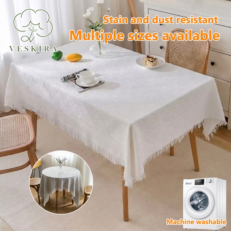 Alas Meja Segi Empat White T-gird Table Cloth Cotton Knit Table Cloth Sesuai untuk Meja Kopi Machine Washable